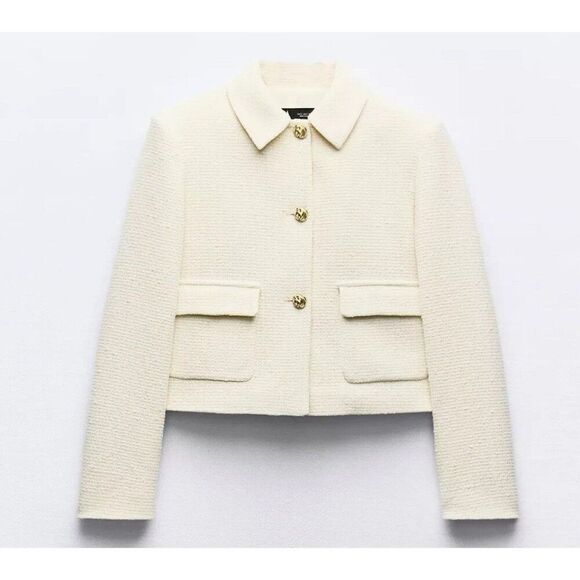 zara 3221/339/712 New Ivory Tweed Long Sleeve Blazer Jacket Small - Picture 3 of 7